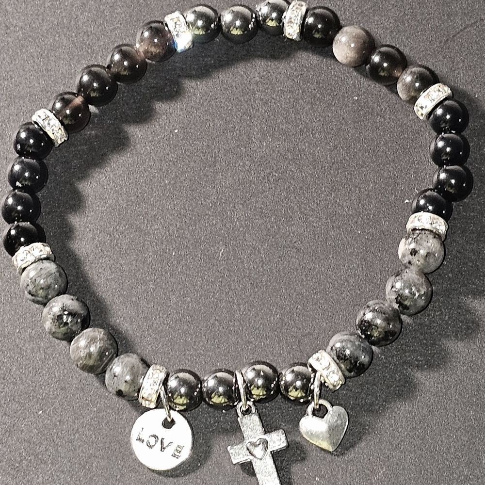 Obsidian Hematite And Labrodorite Chakra Bracelet with Charms
